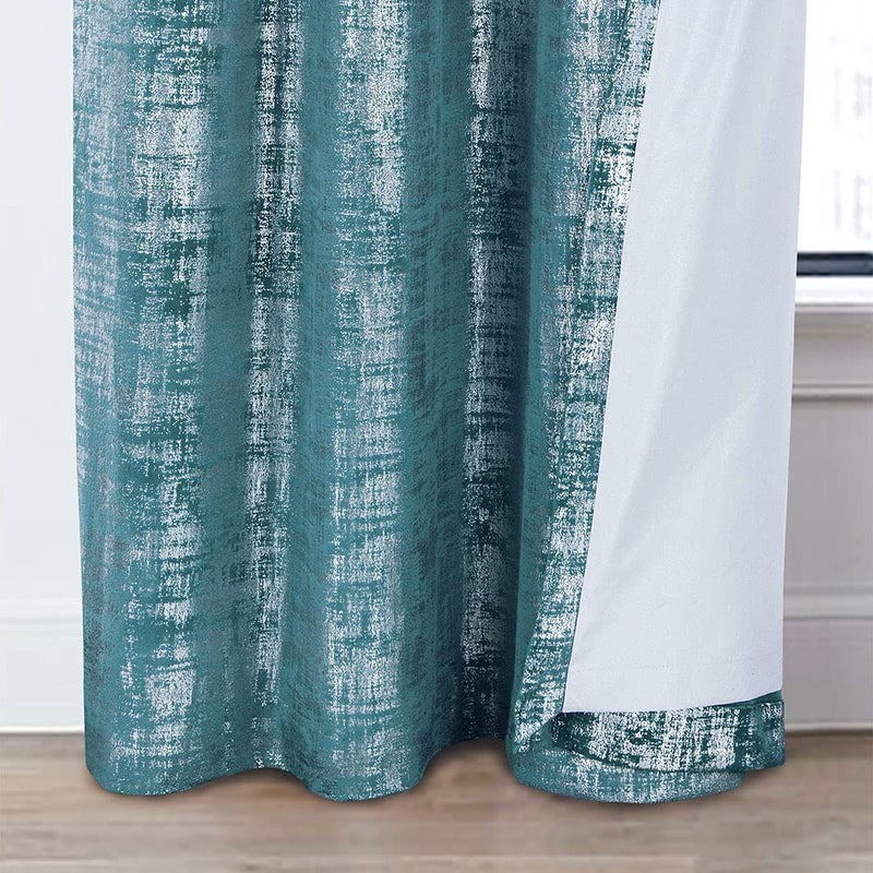always4u 100% Blackout Soft Velvet Curtains for Bedroom Living Room Thermal Energy Saving 108 Inches Long Luxury Silver Foil Print Drapes 2 Panels Teal - Image 4